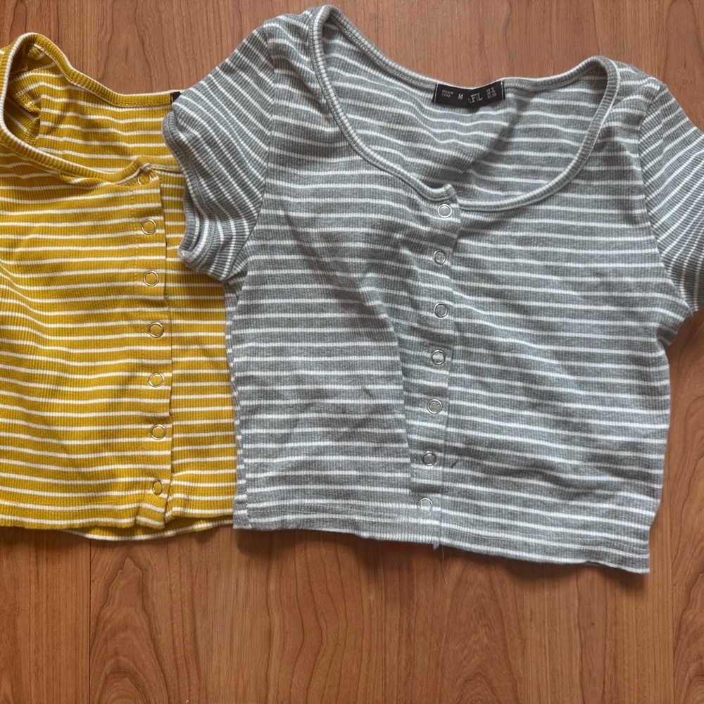 Striped Button-Up Crop Tops in Gray and Yellow